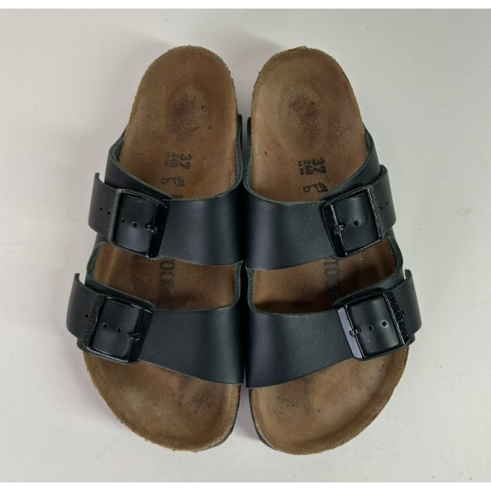 Birkenstock Arizona Black Leather Black Buckle Sandal Women's 7 EU 37 - Picture 2 of 13